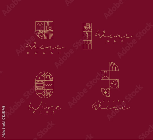 Wine art deco labels with lettering drawing in linear style on red background