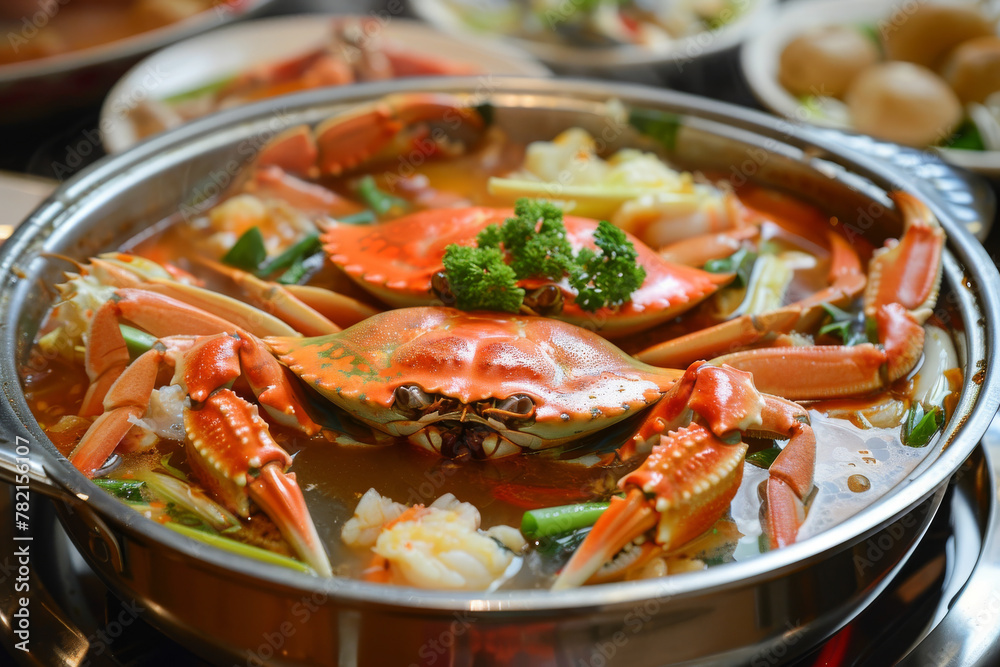 Delicious Seafood Hot Pot with Fresh Crabs and Vegetables Delicious Seafood Hot Pot with Fresh Crabs and Vegetables