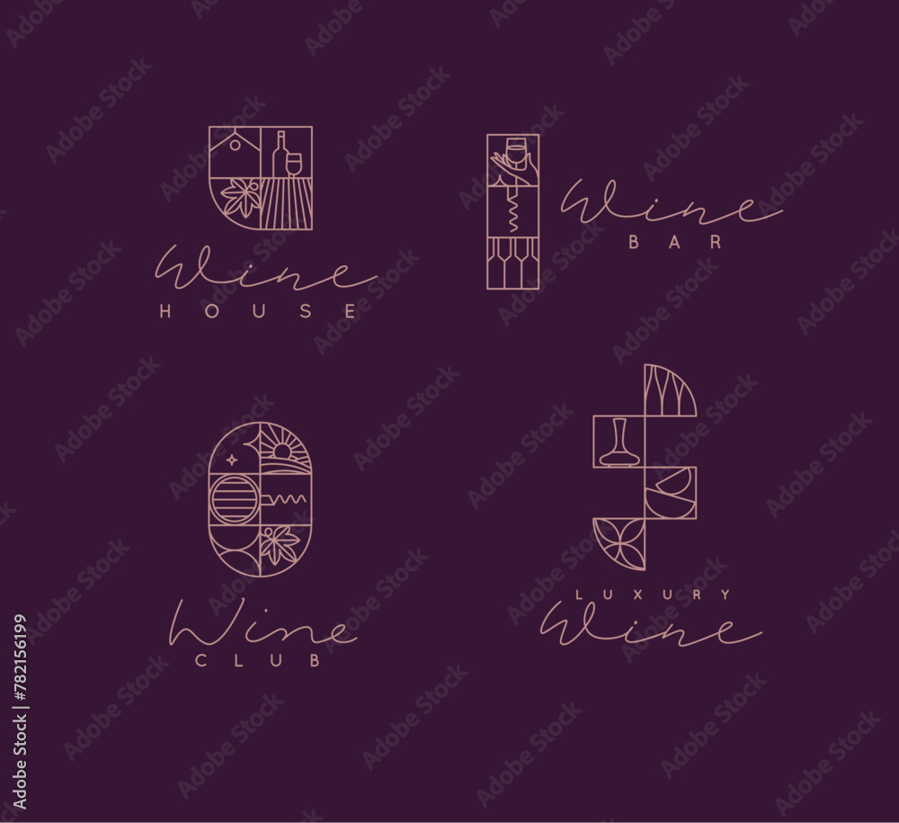 Wine art deco labels with lettering drawing in linear style on violet background