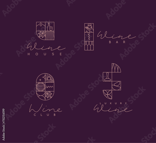 Wine art deco labels with lettering drawing in linear style on violet background