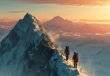 two mountaineers are climbing together on top of a mountain, teamwork, hikers hiking to top of mountains, snow, clouds, sunrise, concept of success and ambition, helping each others