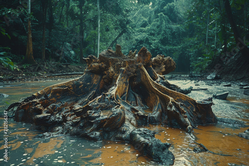 Majestic Uprooted Tree Trunk in a Serene Forest Stream