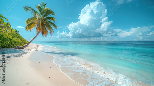 sand and Palm tree leaned over calm wave on Beautiful natural tropical landscape, beach with white . Turquoise ocean on background blue sky with clouds on sunny summer day, ocean in background photo
