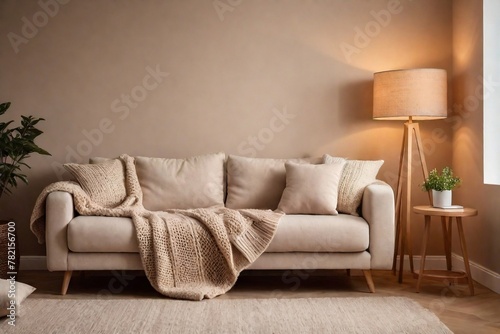 Cozy living room interior with beige sofa, knitted blanket, cushions, lamp, and beige wall with copy space.