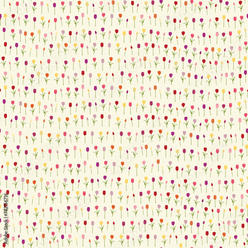 Colourful Spring tulips scattered on a light yellow background vector repeat pattern