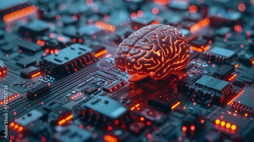 AI Brain Chip 3D Set Micro Chip Robot Chatbot Smartphone AI Brain Web Human Chip. Artificial Intelligence technology concept. UX UI Web Design elements. 3D rendering illustration.