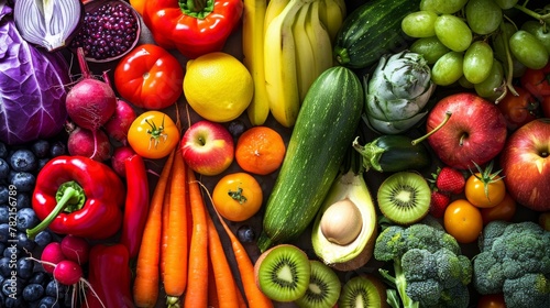 Lush vegetables and juicy fruits in a rainbow of colors  symbolizing health and vitality
