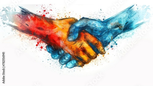 Bright and minimalist drawing of a handshake forming a heart shape, symbolizing love in diplomacy, with text space photo