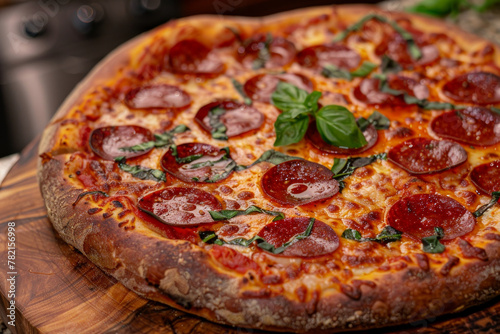 Appetizing Pepperoni Pizza with Fresh Basil on Wooden Board