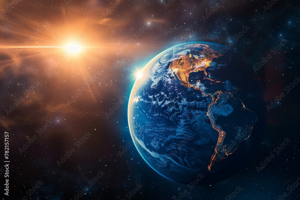Bright, clear image of Earth illuminated by a vibrant sun, symbolizing life, on an isolated background with text space Bright, clear image of Earth illuminated by a vibrant sun, symbolizing life, on an isolated background with text space