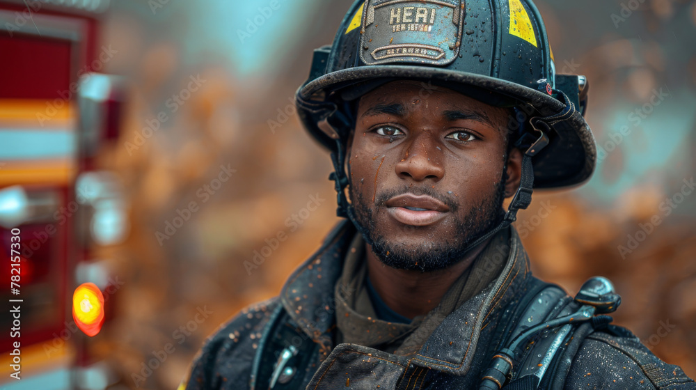 Portrait of african american Firefighter in uniform and helmet near fire engine. Portrait of african american Firefighter in uniform and helmet near fire engine.