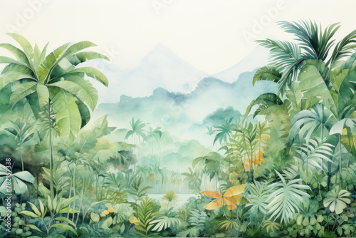 Tropical jungle landscape with mountain backdrop watercolor. Wall art wallpaper © Photocreo Bednarek
