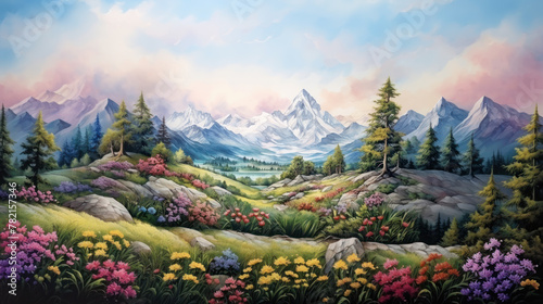 Blooming alpine meadow with mountain backdrop under soft clouds. Wall art wallpaper © Photocreo Bednarek