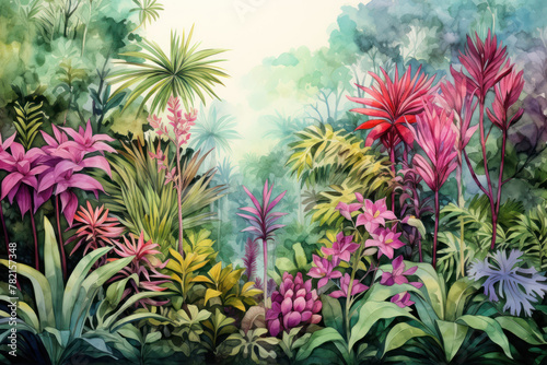 Vibrant tropical plants and flowers in watercolor jungle mural. Wall art wallpaper © Photocreo Bednarek