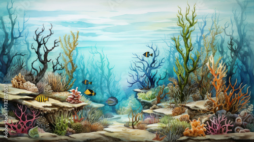 Tranquil underwater ocean scene with corals and fish. Wall art wallpaper