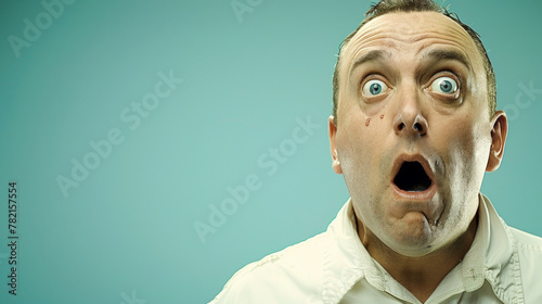 A man with a shocked expression on his face. The man is wearing a white shirt and has a beard