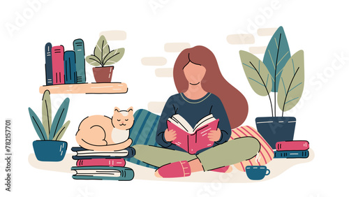 Girl sitting reading a book, kitty cat sleeping next to her. Reader, modern literature fans isolated on white background. Modern flat cartoon colorful vector illustration.