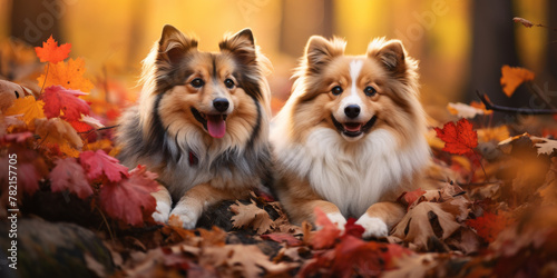 Autumnal Bliss: Shetland Sheepdogs Amidst Colorful Fall Leaves © smth.design
