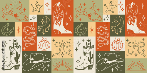 Seamless pattern with various doodle line style trendy cowboy boots, hats, cow scull, snake. Boho American western desert elements.Vector cowgirl illustration. Simple tattoo mosaic background photo