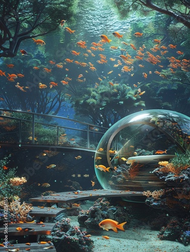 Floating fish sleep chamber, bubblelike structure, underwater dreamscape, aquatech innovation photo