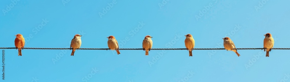 Bright, simple image of birds on a wire in a row, representing peaceful coexistence, with space for text