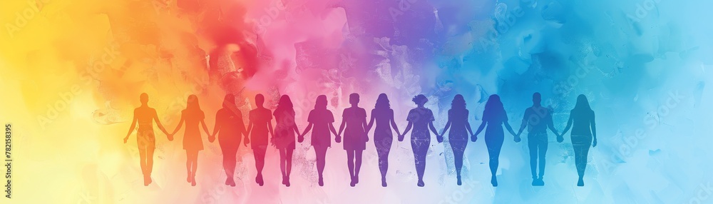 Silhouettes of diverse women in front of a vibrant watercolor background

