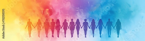 Silhouettes of diverse women in front of a vibrant watercolor background