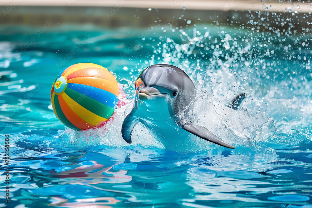 Dolphins play with a ball in the blue water