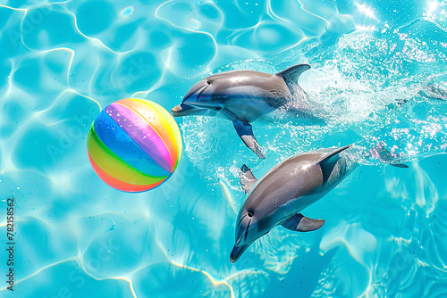 Two dolphins play with a ball in the blue water