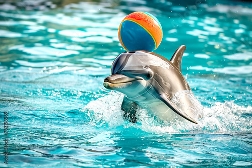 Dolphins play with a ball in the blue water