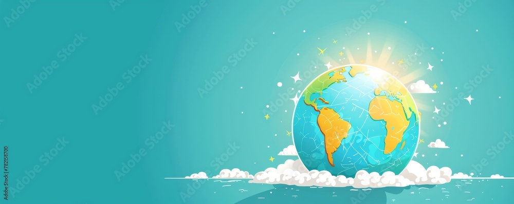 Cartoon of Earth with a clear sun in the background, symbolizing life and energy, minimalist and bright, with space for text