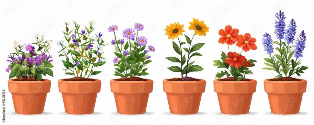 Cartoon of plant pots in a row, each with a different type of flower, representing growing peace together, clear background