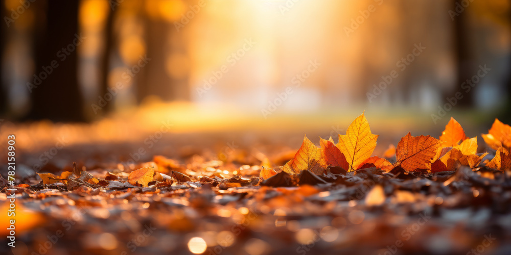 Autumn Leaves Carpet on a Sunlit Forest Path