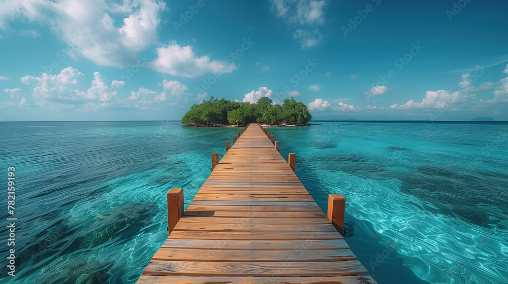 Fototapeta premium Beautiful tropical landscape background, concept for summer travel and vacation. Wooden pier to an island in ocean against blue sky with white clouds, panoramic view