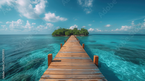 Beautiful tropical landscape background, concept for summer travel and vacation. Wooden pier to an island in ocean against blue sky with white clouds, panoramic view