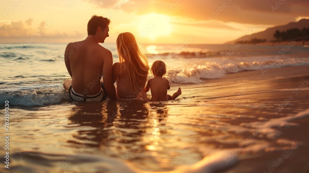 Beautiful young couple with child relaxing in the beach
