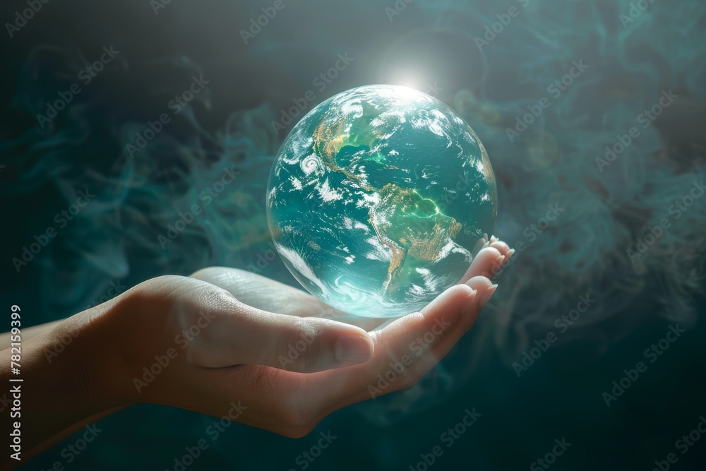 Clear image of hands opening a globe with light beams emanating, representing enlightenment and peace, with space for text Clear image of hands opening a globe with light beams emanating, representing enlightenment and peace, with space for text
