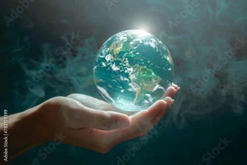 Clear image of hands opening a globe with light beams emanating, representing enlightenment and peace, with space for text