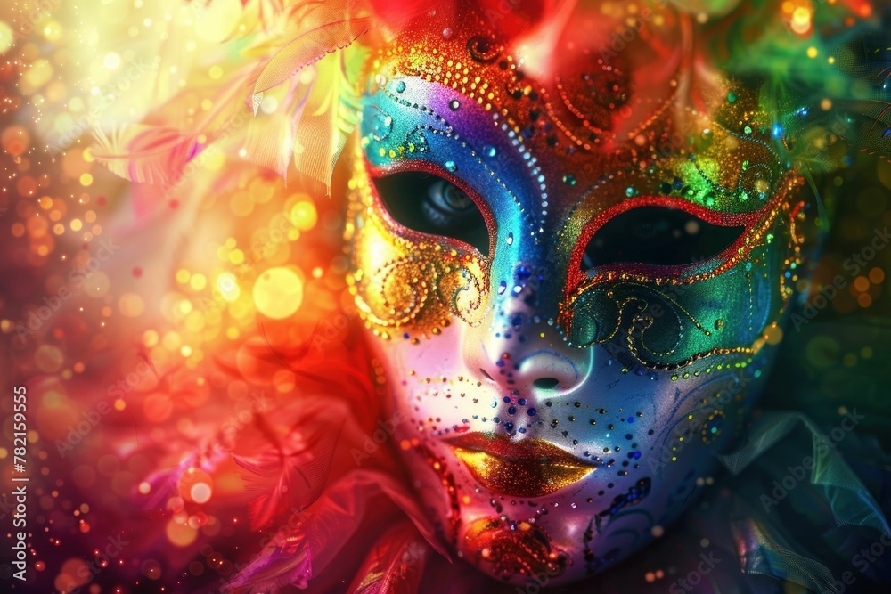 Vibrant Venetian mask with sparkling lights on colorful background for festive and mysterious concept art