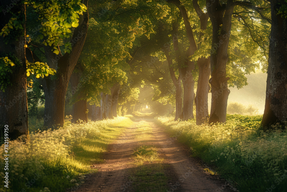 Enchanting Sunlit Forest Path at Dawn with Vibrant Spring Foliage
