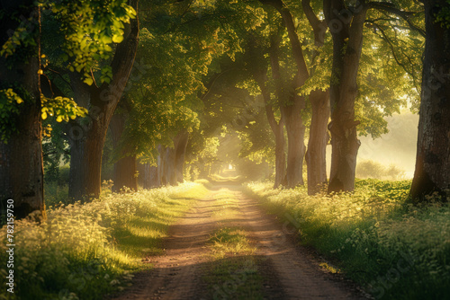 Enchanting Sunlit Forest Path at Dawn with Vibrant Spring Foliage