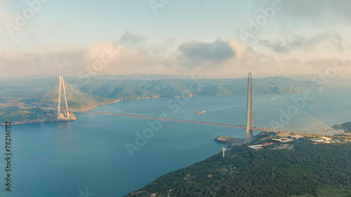 Istanbul, Turkey. The bridge of Sultan Selim Yavuz across the Bosphorus. Sunset time, Aerial View