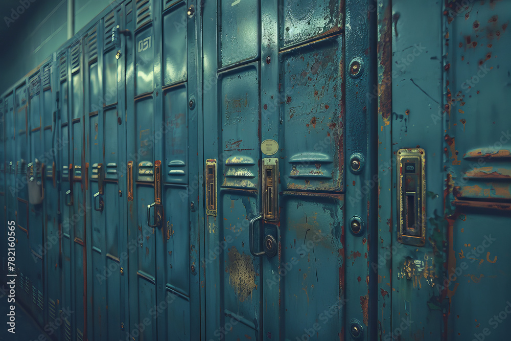 Fototapeta premium Vintage Blue School Lockers with Rust and Wear Marks