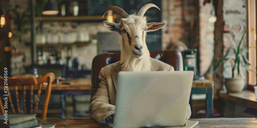 Goat in Business Attire Working on Laptop at Cafe