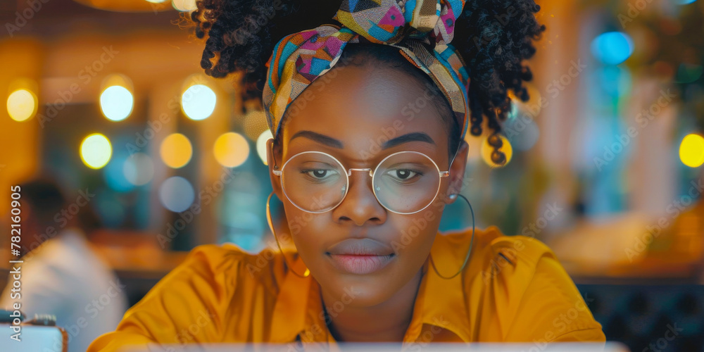 Young African Woman Working on Laptop in Trendy Cafe