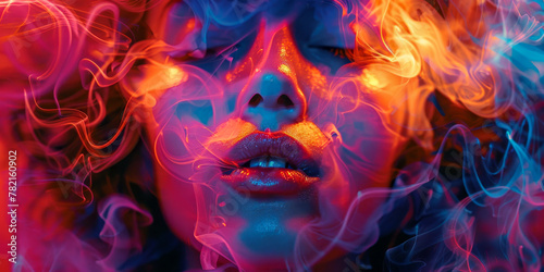 Surreal Woman Portrait with Vibrant Neon Smoke