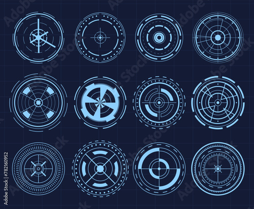 Sniper aim pointer. UI, HUD technology aiming, weapon military futuristic sights. 
Weapon targeting pointers, aiming mark and aims target sight marks or targets. 