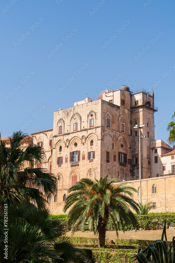 Palermo, Sicily, Italy. Palazzo Normanni - 9th-century Grand Palace with a neoclassical facade, famous chapel and exquisite royal apartments. Sunny summer day