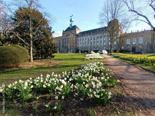Rheinpark und historisches Gebäude in Düsseldorf