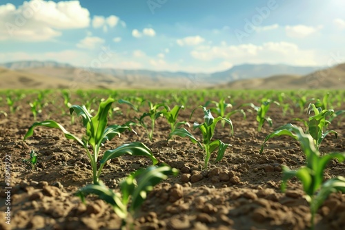 Sustainable Future A field of healthy, bioengineered crops thriving in a drought-stricken landscape